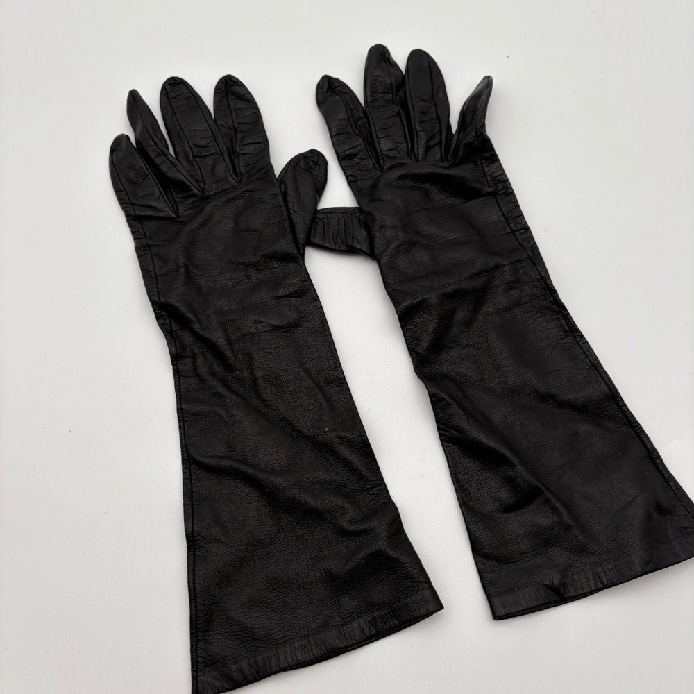 Vintage Gimbels Black Leather Opera Length Gloves Made in Italy Size 7 Blue Line